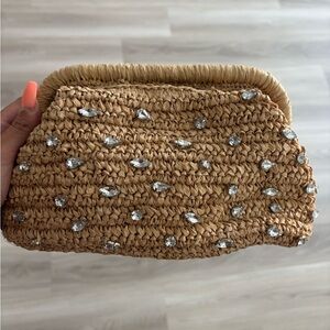 NWT Kelly & Katie Tan Woven Clutch with Crystal Embellishments